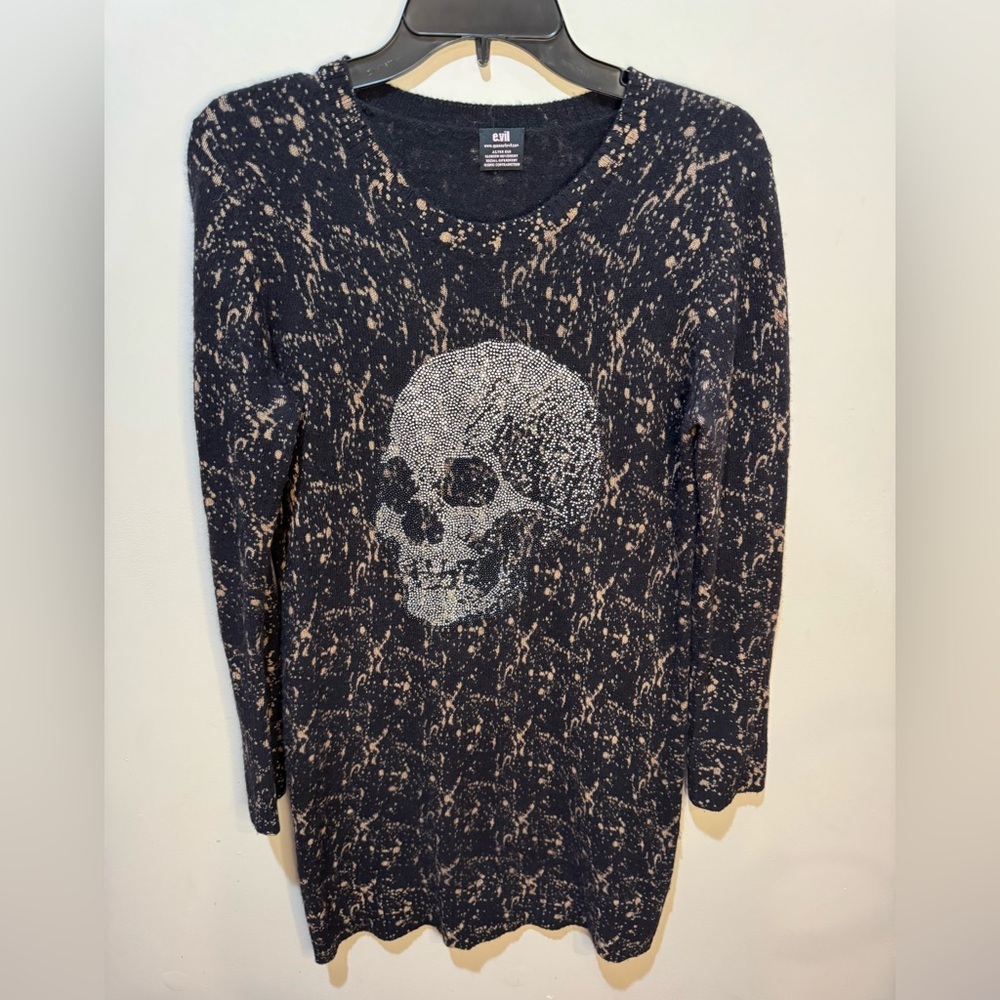 E.vil Cashmere Rhinestone Skull Sweater Dress SZ L